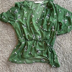 Astr Green Wrap Blouse with V-Neck and Ruffle Sleeves